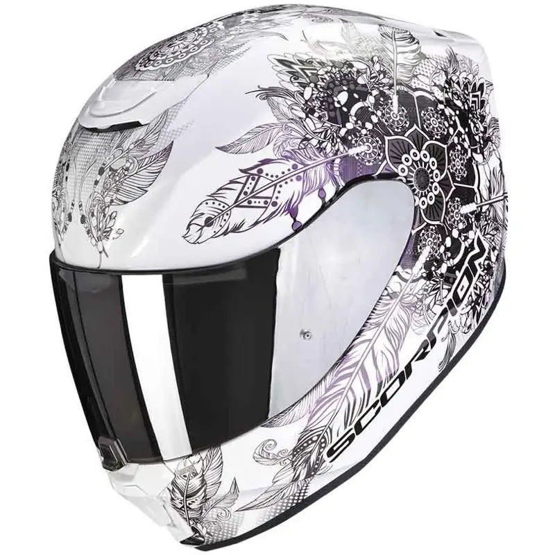 Scorpion Exo-391 motorhelm in wit met kameleon-accenten, sportief design en veelzijdige functies.