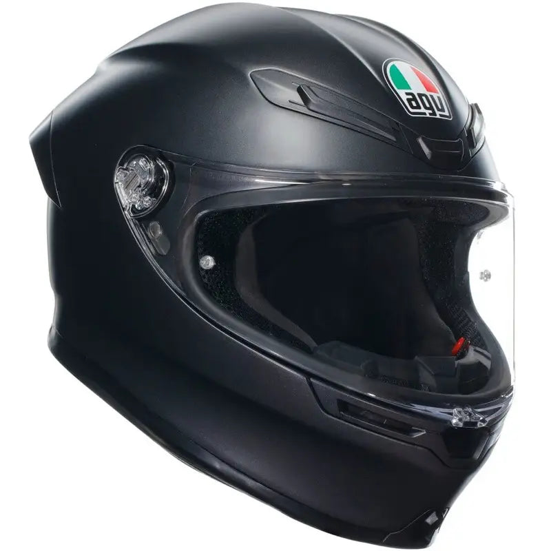 AGV K6 E2206 integraalhelm in mat zwart, lichtgewicht en aerodynamisch ontwerp met MPLK-technologie.