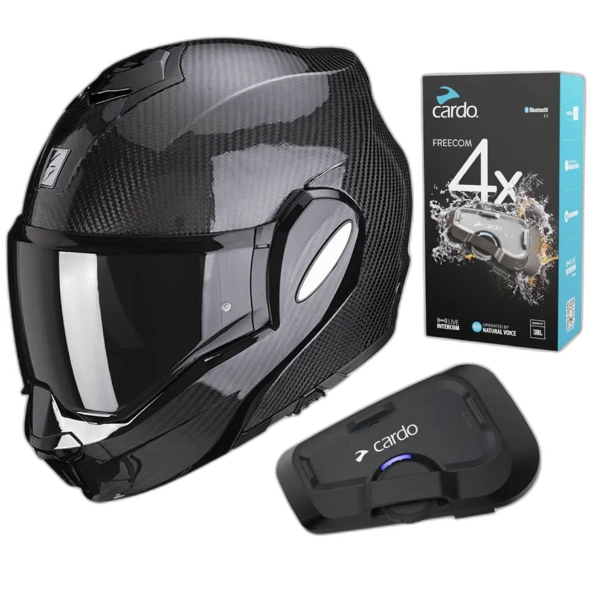 Scorpion Exo-Tech Evo Glossy Carbon + Cardo Freecom 4x