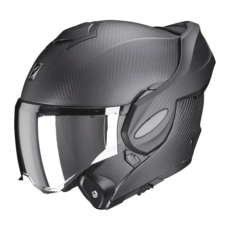 Scorpion Exo-Tech Evo Carbon motorhelm in mat carbon design, lichtgewicht en veelzijdig met flip-front systeem.