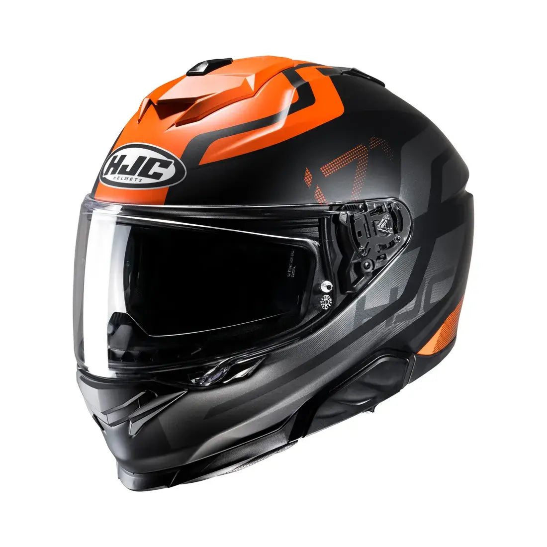 HJC i71 Enta integraalhelm in zwart en oranje met geïntegreerd zonnevizier en sportief design.