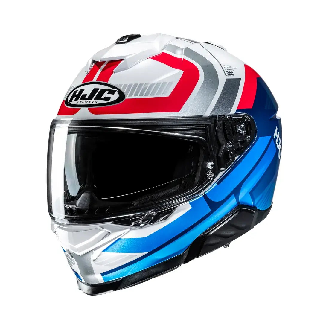 HJC i71 integraalhelm in blauw en rood met sportief design en geïntegreerd zonnevizier.