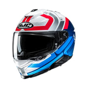HJC i71 integraalhelm in blauw en rood met sportief design en geïntegreerd zonnevizier.