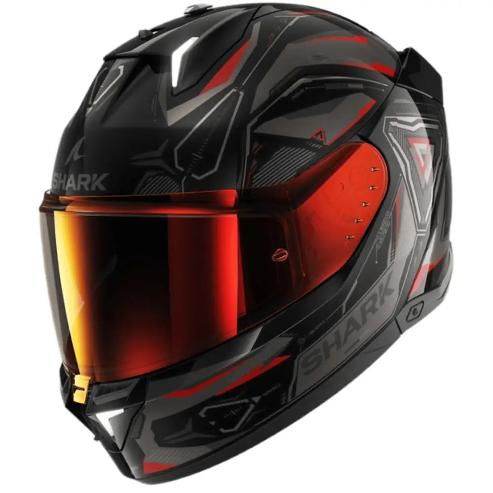 Shark Skwal i3 Linik motorhelm in antraciet met rode accenten, geïntegreerde LED-verlichting en modern design.