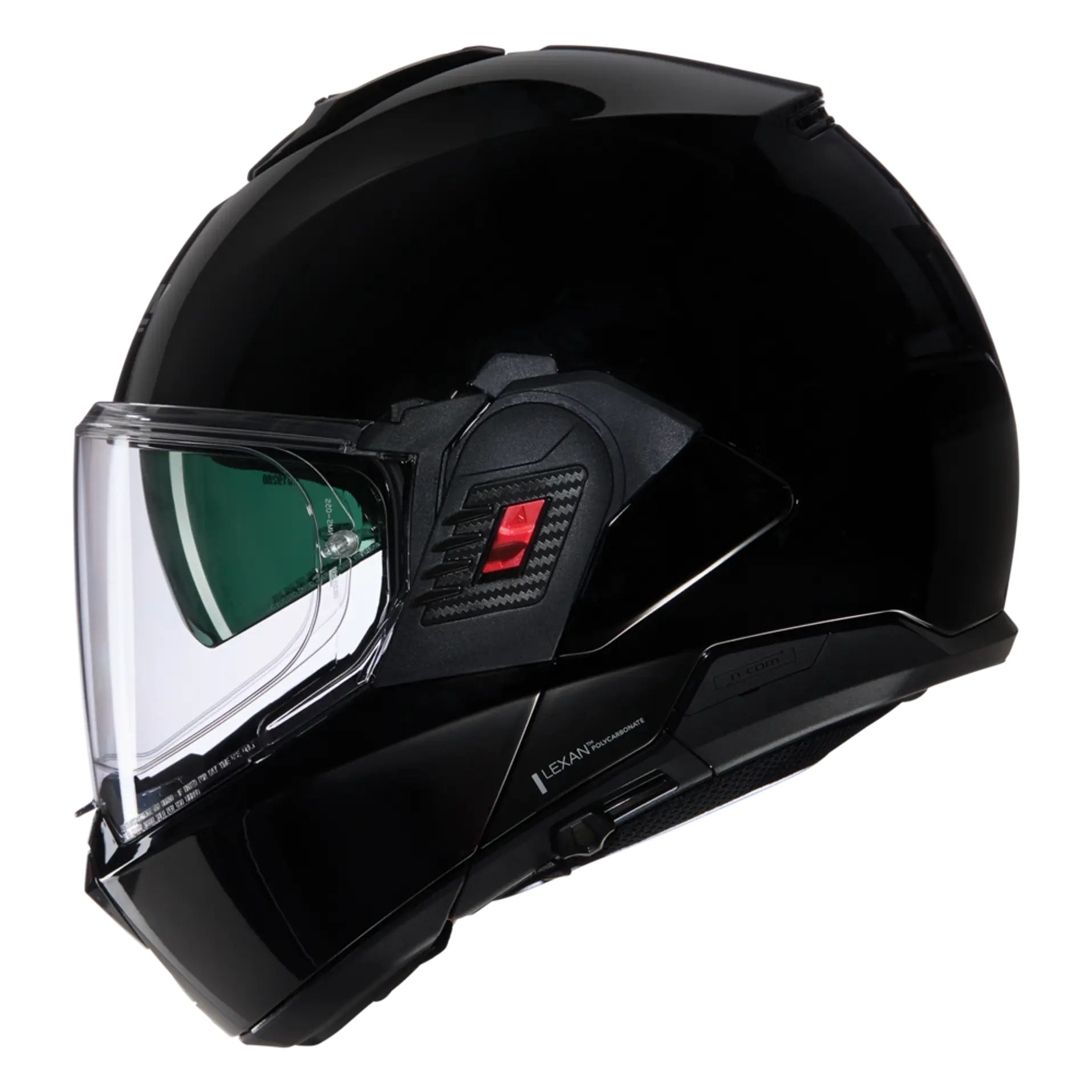 Binnenkant Nolan N120‑1 glans zwart met zicht op binnenvoering en sluiting