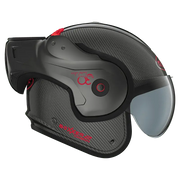 Roof Boxxer 2 Carbon Thirty motorhelm in titaniumkleur met carbon details, modern design en flip-over systeem.