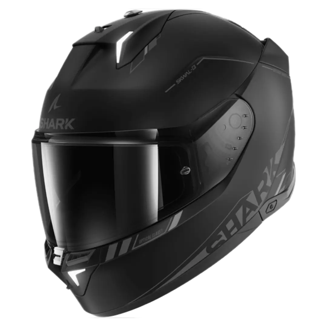 Shark Skwal i3 motorhelm in mat zwart met antraciet accenten, modern design en geïntegreerde LED-verlichting.