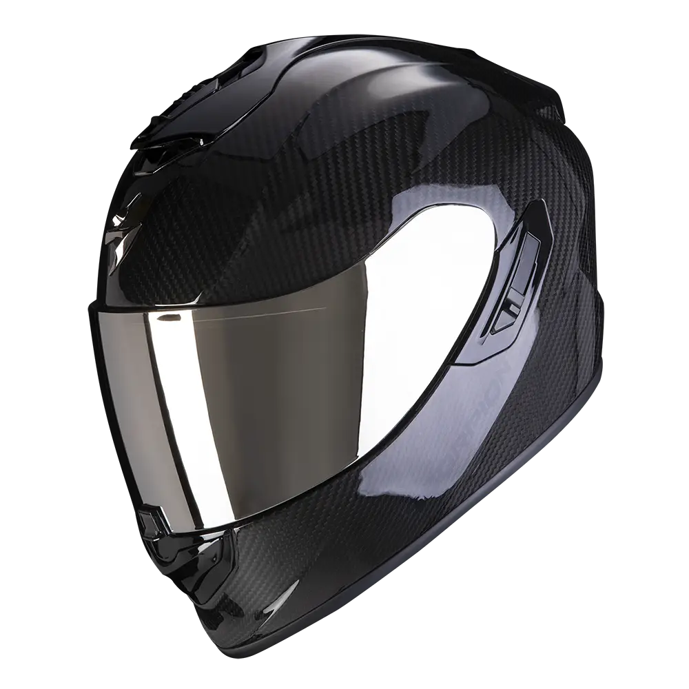 Scorpion Exo-1400 Evo II Carbon Air motorhelm in glanzend zwart met premium carbon design en geavanceerde technologie.