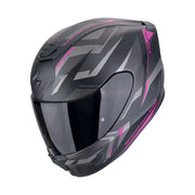 Een motorhelm in mat zwart en roze, de Scorpion Exo-391 Aaxo, met een sportief ontwerp en geavanceerde bescherming.