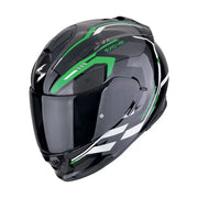 Een motorhelm in zwart, groen en wit, de Scorpion Exo-491 Kripta, met een sportief ontwerp en geavanceerde bescherming voor rijders.