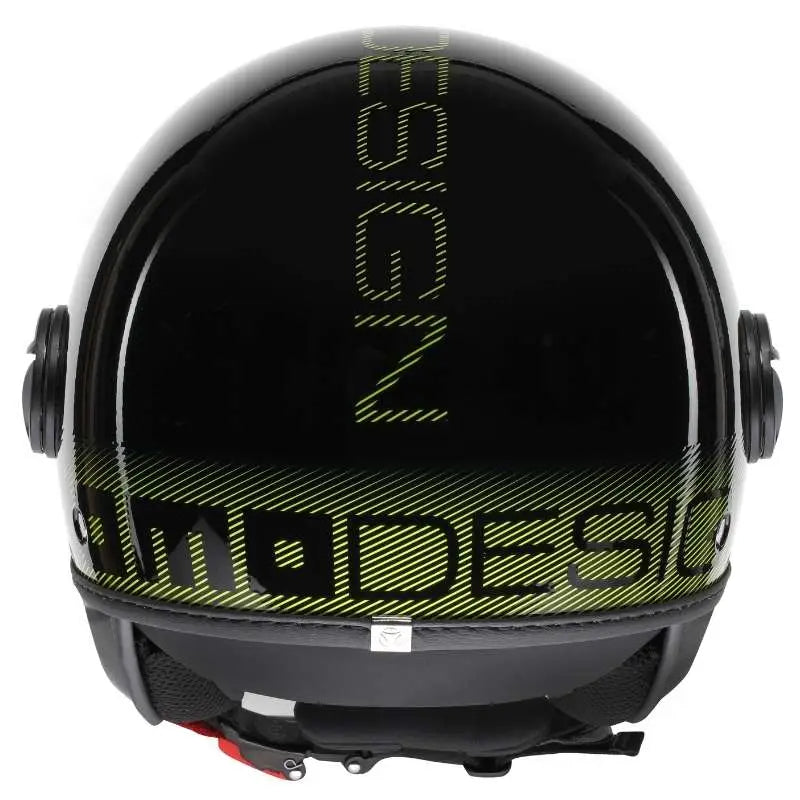 Momo FGTR Classic Stripes jethelm in Glossy Black Yellow Fluo met opvallend design en retro-look.