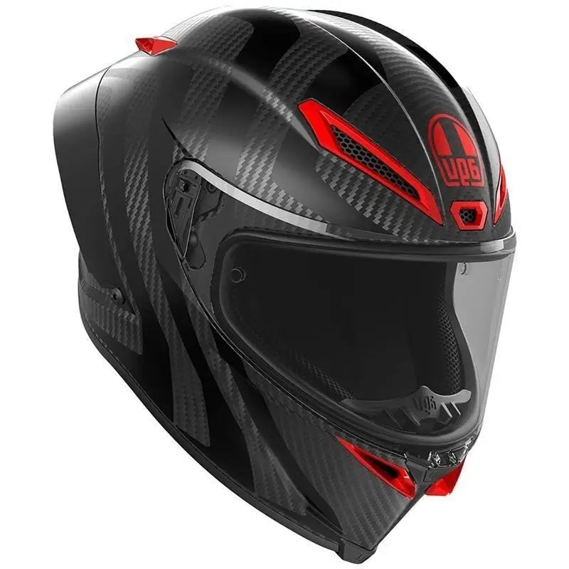 AGV Pista GP RR Intrepido helm in mat carbon met zwart en rood, ontworpen voor raceprestaties.