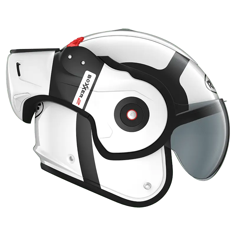 Roof RO9 Boxxer 2 motorhelm in wit en zwart met modern design en flip-over systeem.