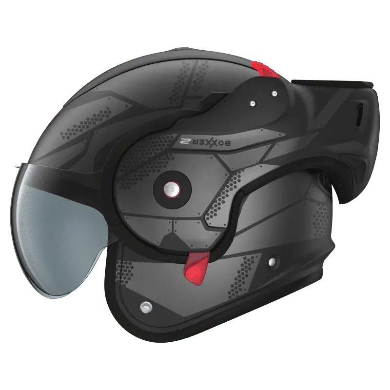 Roof RO9 Boxxer 2 motorhelm in Kendo Matt Black met stalen accenten, modern design en veelzijdige functies.