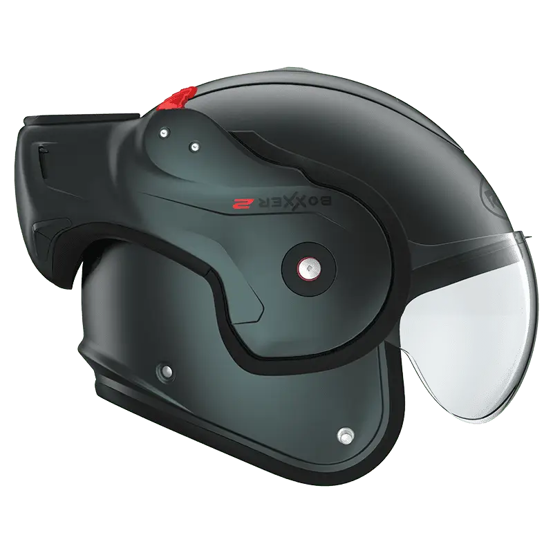 Roof RO9 Boxxer 2 motorhelm in mat petrol kleur met modern design en flip-over systeem.