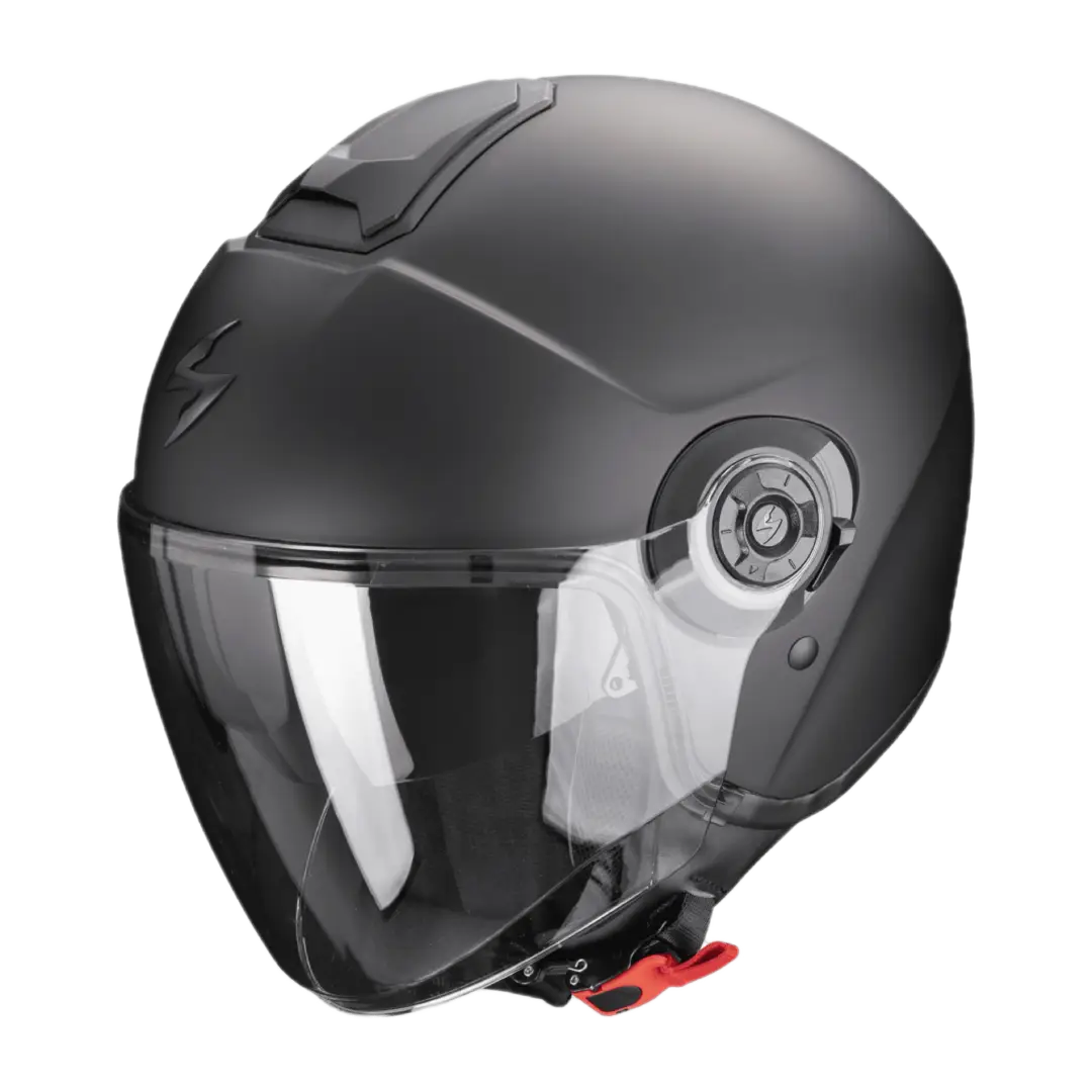 Een matzwarte jethelm met een minimalistisch en praktisch design, de Scorpion Exo-City II, ideaal voor stadsverkeer en korte ritten.