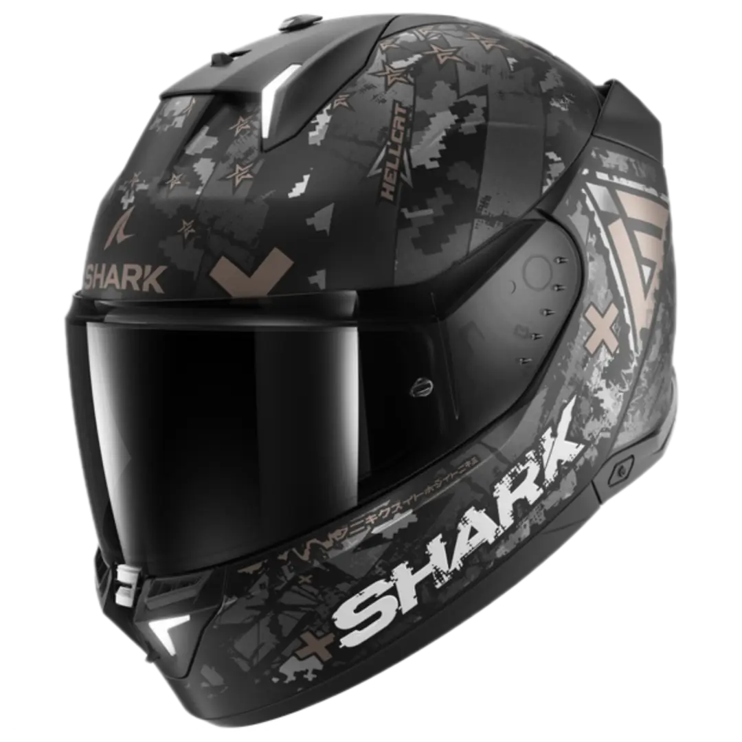Shark Skwal i3 Hellcat motorhelm in Mat Black Chrom Anthracite met geïntegreerde LED-verlichting en stijlvol ontwerp.