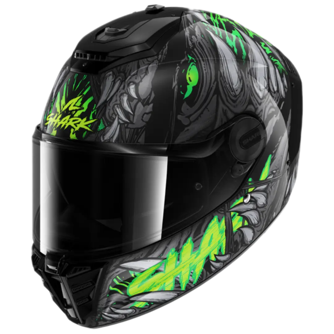 Shark Spartan RS Shaytan motorhelm in zwart, groen en antraciet met aerodynamisch design en geïntegreerd zonnevizier.