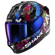 Shark Skwal i3 Hellcat motorhelm in zwart met chromen blauwe accenten, modern design en geïntegreerde LED-verlichting.