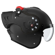 Roof Boxer V8 Alpha motorhelm in mat zwart met uniek design en veelzijdige functionaliteit.