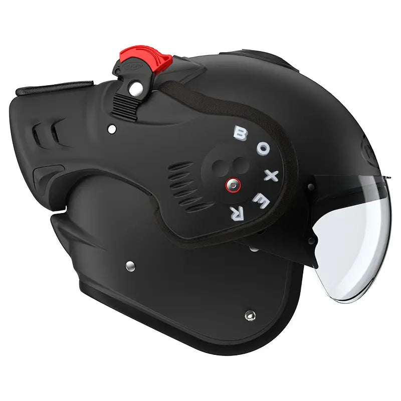 Roof Boxer V8 Alpha motorhelm in mat zwart met uniek design en veelzijdige functionaliteit.