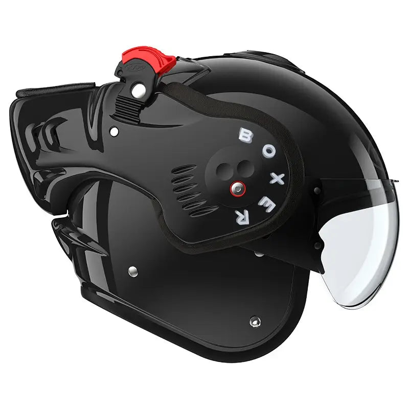 Roof Boxer V8 Alpha motorhelm in glanzend zwart met modern design en veelzijdige functionaliteit.