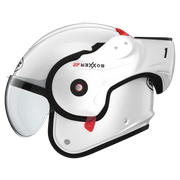 ROOF RO9 Boxxer 2 Pearl White E22-06 motorhelm met opklapbaar kinstuk en opvallende parelwitte afwerking voor optimaal comfort en veiligheid.