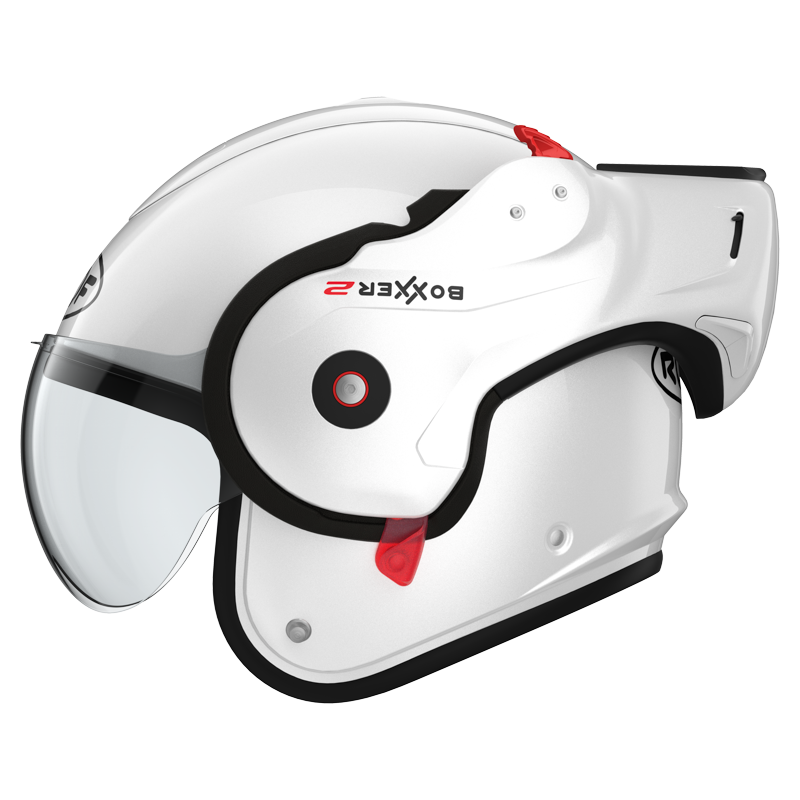 ROOF RO9 Boxxer 2 Pearl White E22-06 motorhelm met opklapbaar kinstuk en opvallende parelwitte afwerking voor optimaal comfort en veiligheid.