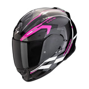 Scorpion Exo-491 Kripta motorhelm in zwart met roze en witte accenten, sportief design en veelzijdige functies.