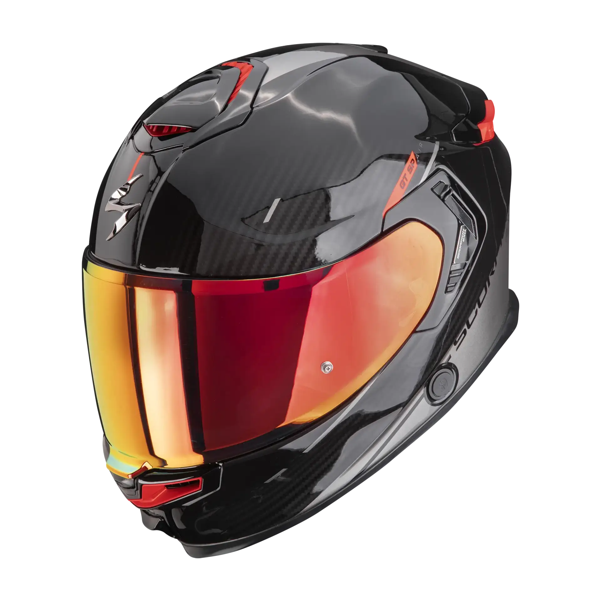 Scorpion EXO-GT SP Air Asphalt Black Silver motorhelm met rood vizier, vooraanzicht