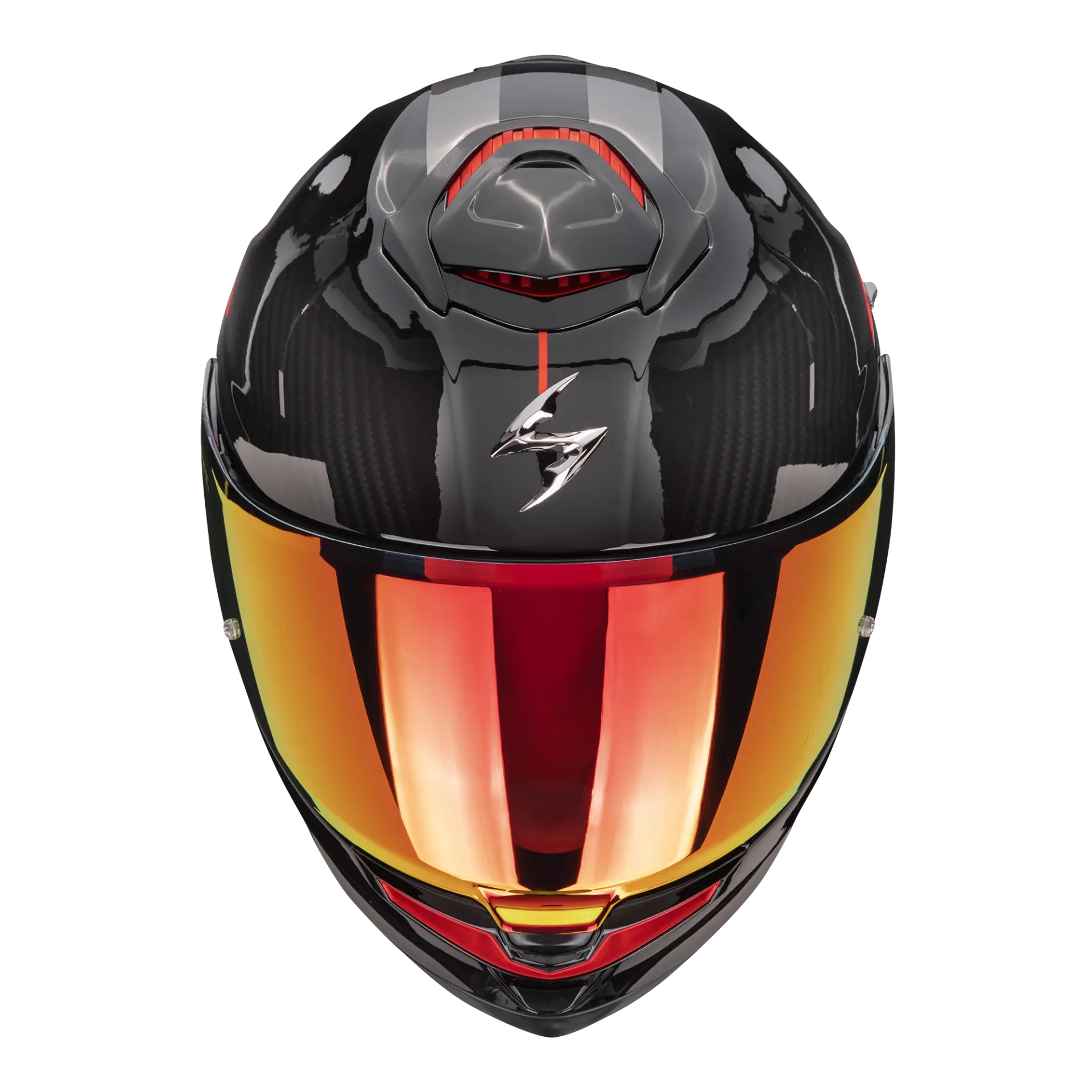Scorpion EXO-GT SP Air Asphalt Black Silver motorhelm, voorzijde met logo en rood vizier