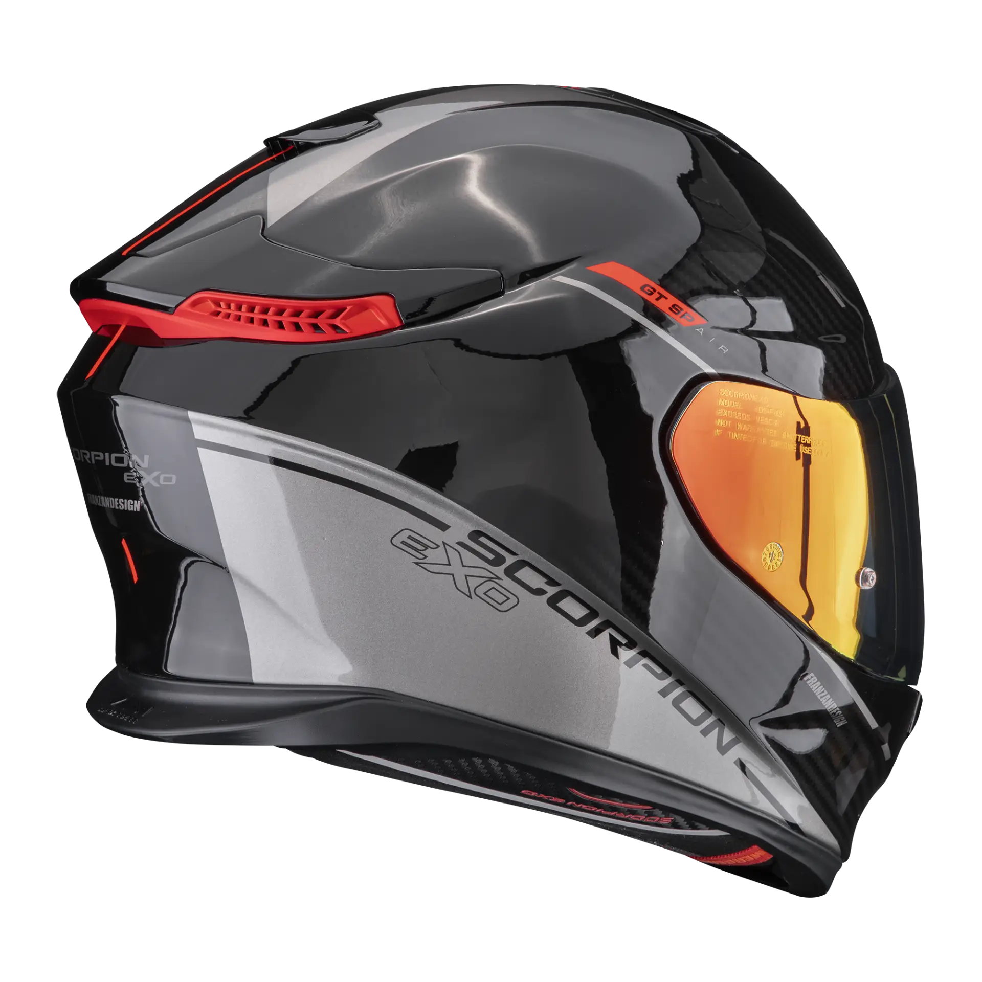 Scorpion EXO-GT SP Air Asphalt Black Silver motorhelm, zijaanzicht met Scorpion EXO-logo