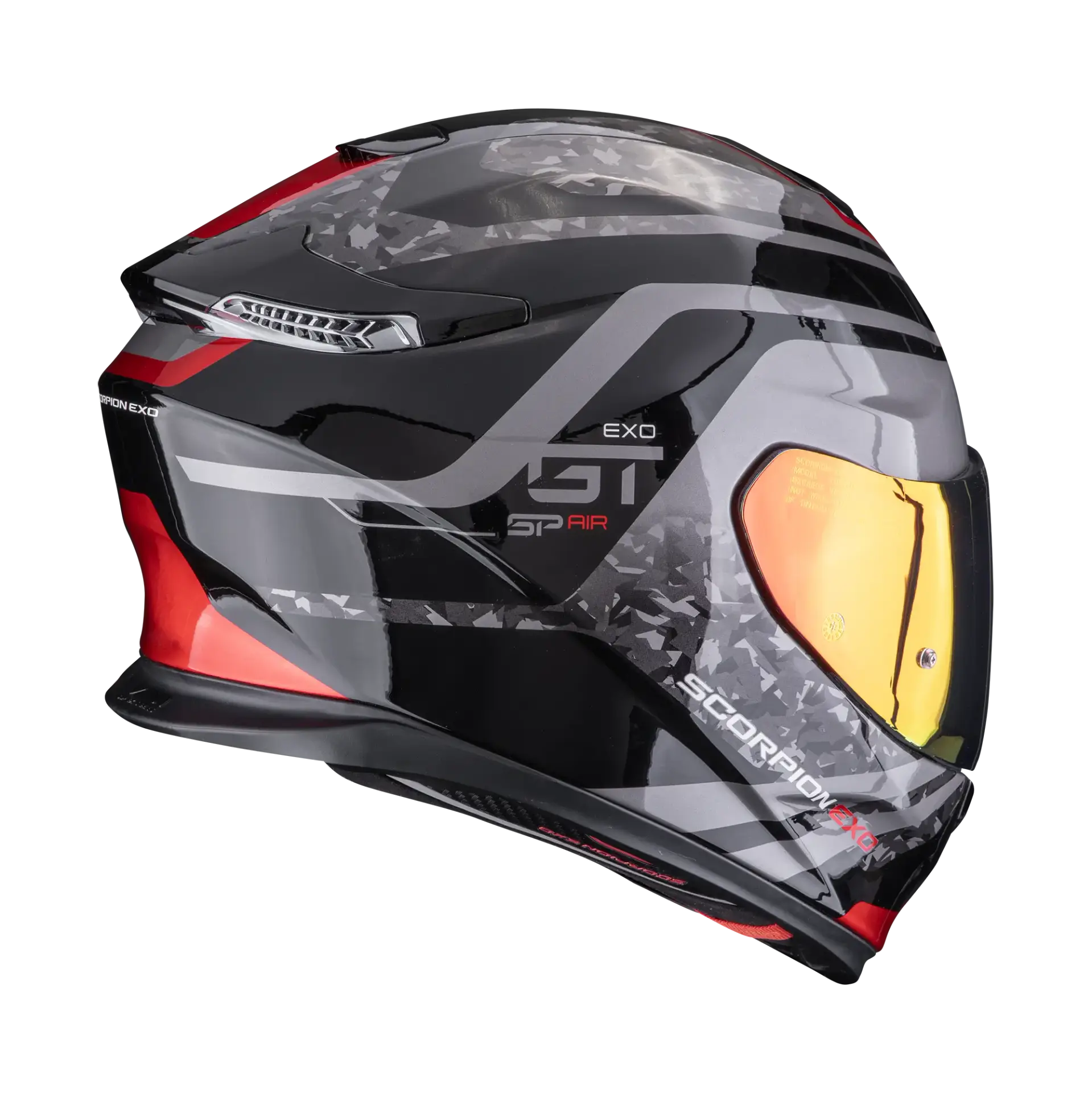 Scorpion EXO-GT SP Air Arten motorhelm, schuin vooraanzicht met rood vizier en grafische accenten